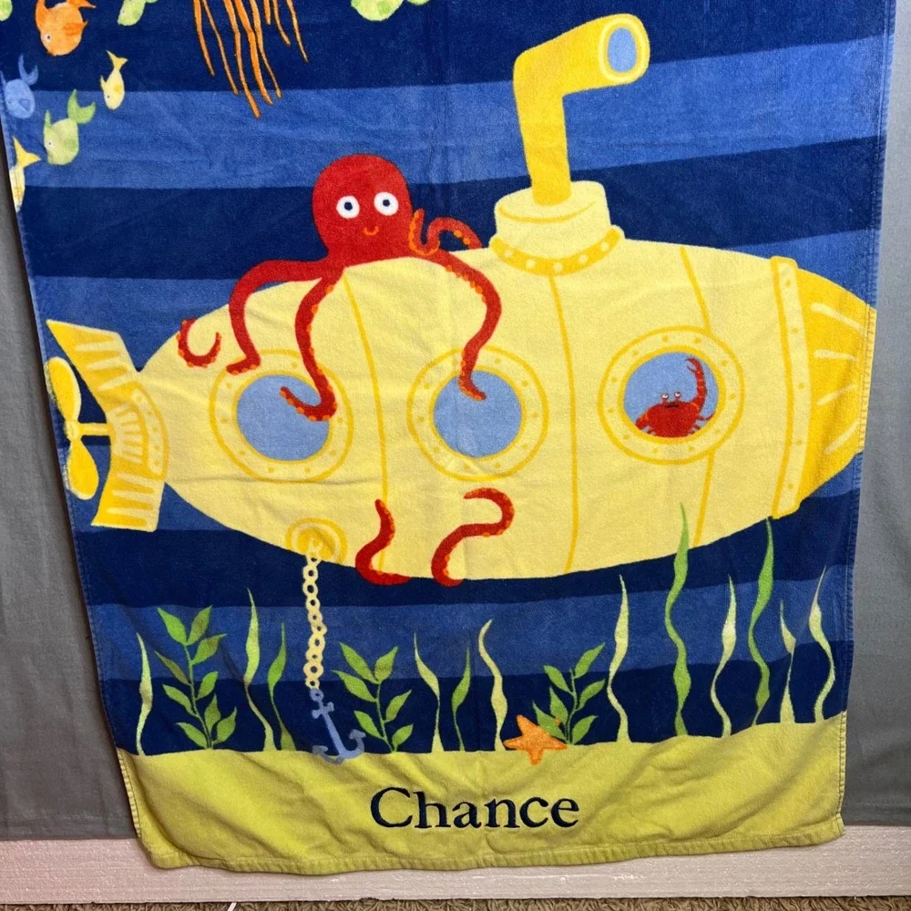 Pottery‎ Barn Kids Beach Towel Submarine Sea Life Personalized Name CHANCE 61x31